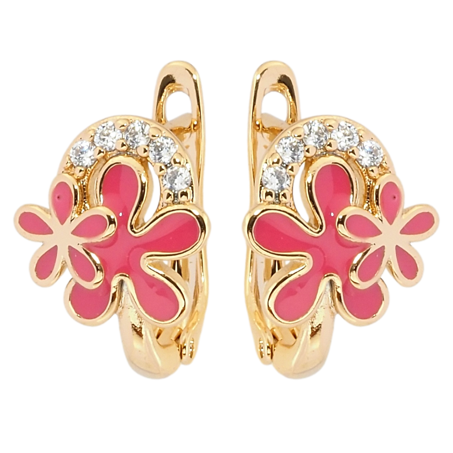 Серьги Xuping Позолота 18K английский замок Цветочки с розовой эмалью и цирконием фото №1