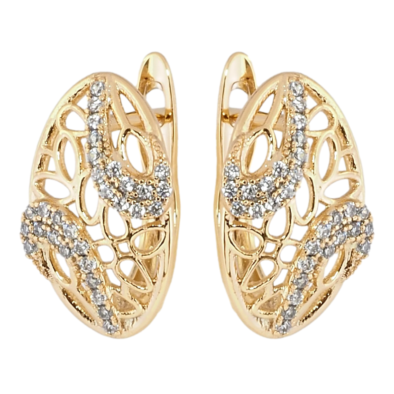 Серьги Xuping Позолота 18K английский замок Овалы с резным узором и цирконием фото №1 Серьги Xuping Позолота 18K английский замок Овалы с резным узором и цирконием фото №1