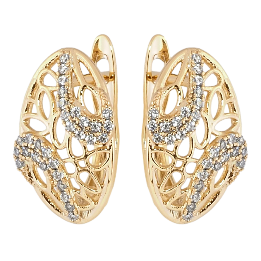 Серьги Xuping Позолота 18K английский замок Овалы с резным узором и цирконием фото №1 Серьги Xuping Позолота 18K английский замок Овалы с резным узором и цирконием фото №1
