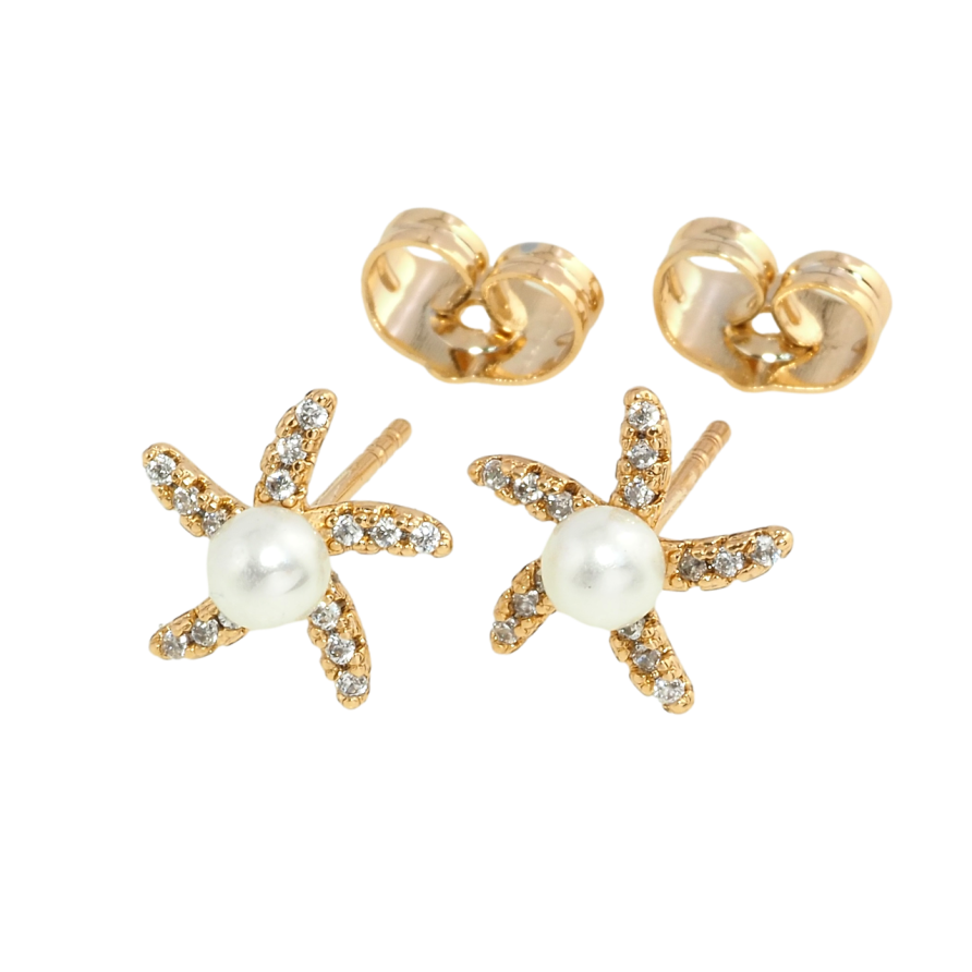 Сережки Xuping Позолота 18K пусети Зірочки з цирконієм та перлинами фото №1
