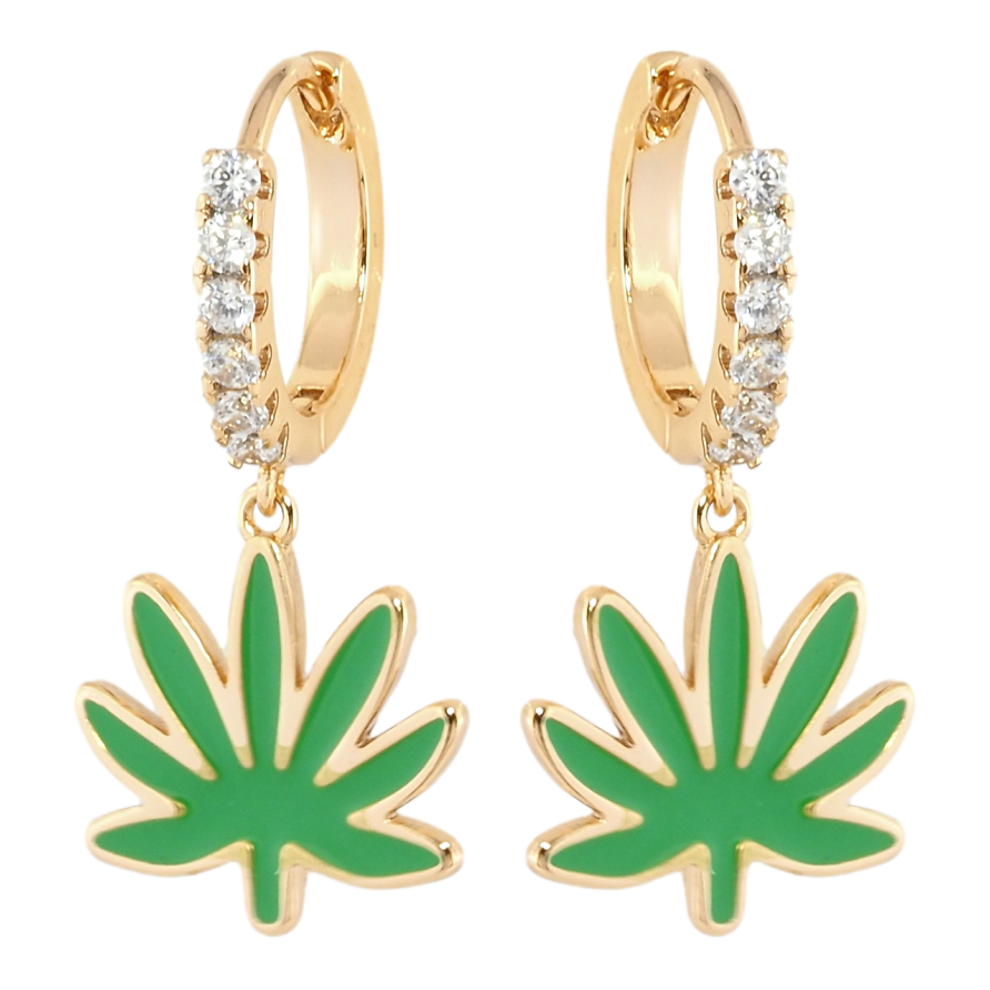 Сережки Xuping Позолота 18K підвіски на колечках Листочки зелена емаль фото №1