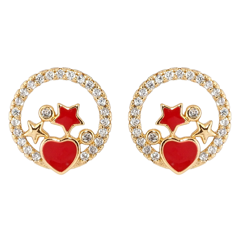 Сережки Xuping Позолота 18K пусети Зірки в колечках цирконію з червоною емаллю фото №1