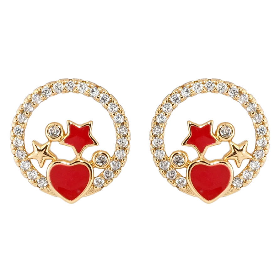 Сережки Xuping Позолота 18K пусети Зірки в колечках цирконію з червоною емаллю фото №1