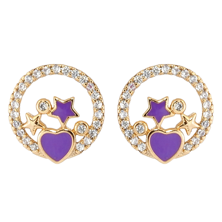 Сережки Xuping Позолота 18K пусети Зірки в колечках цирконію з бузковою емаллю фото №22