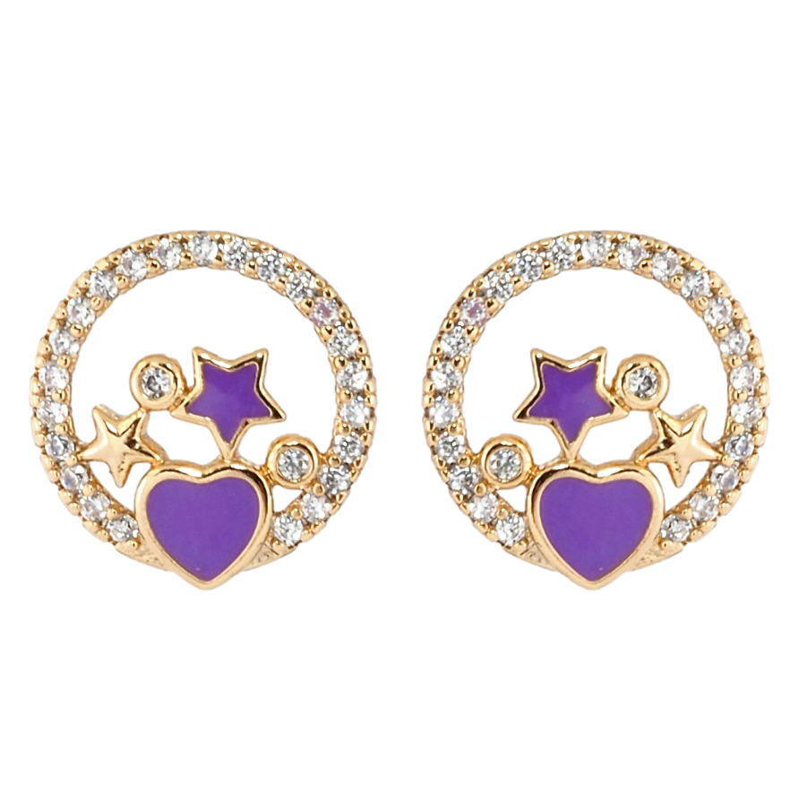 Сережки Xuping Позолота 18K пусети Зірки в колечках цирконію з бузковою емаллю фото №1