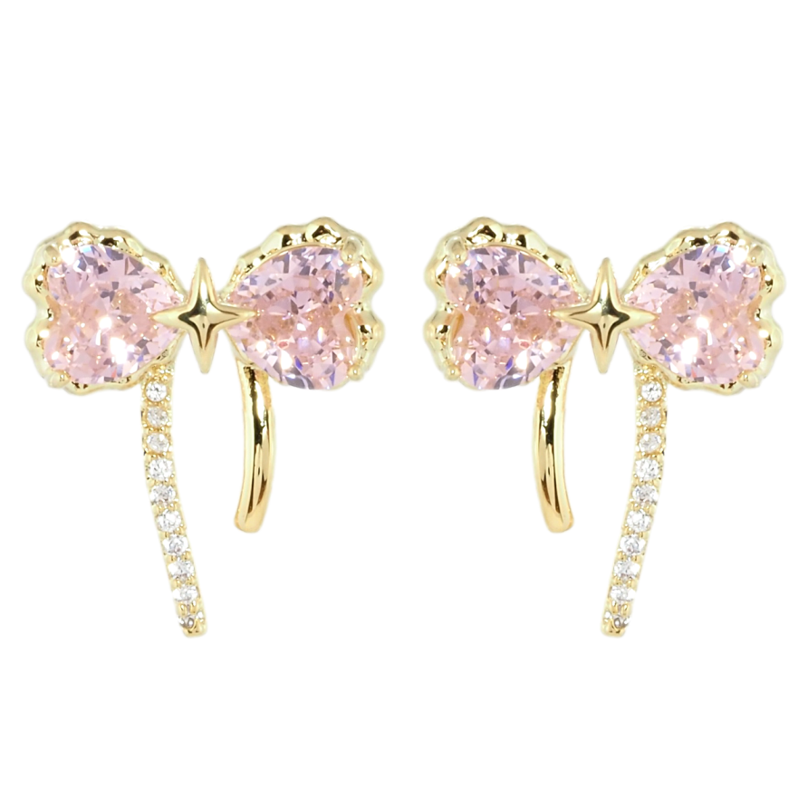 Серьги Xuping QQMM Позолота 14K пусеты Бантики с розовыми фианитами фото №1