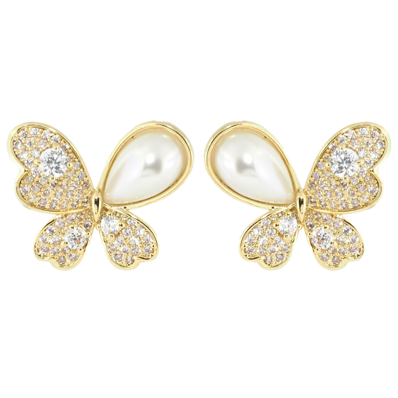 Сережки Xuping QQMM Позолота 14K пусети Метелики з інкрустацією цирконієм та перламутровими намистинами фото №1