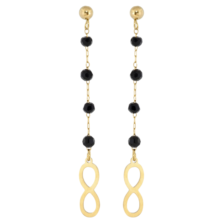 Сережки Xuping TTM Stainless Steel колір 14K пусети Підвіски нескінченність із чорними намистинами фото №1 Сережки Xuping TTM Stainless Steel колір 14K пусети Підвіски нескінченність із чорними намистинами фото №1