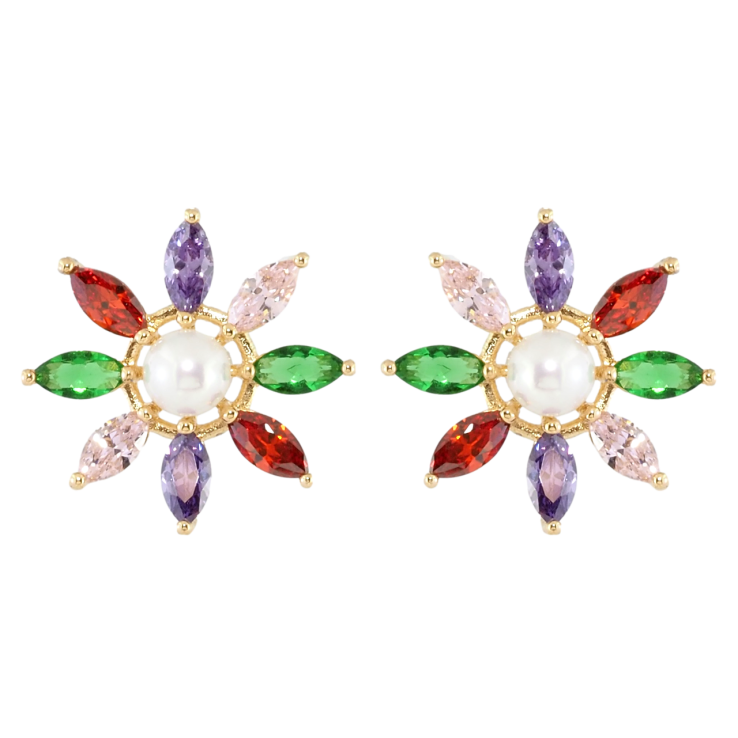 Сережки Xuping Позолота 18K пусети Квітка з кольорового цирконію з перлиною фото №4 Сережки Xuping Позолота 18K пусети Квітка з кольорового цирконію з перлиною фото №4