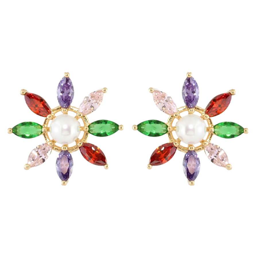 Сережки Xuping Позолота 18K пусети Квітка з кольорового цирконію з перлиною фото №1