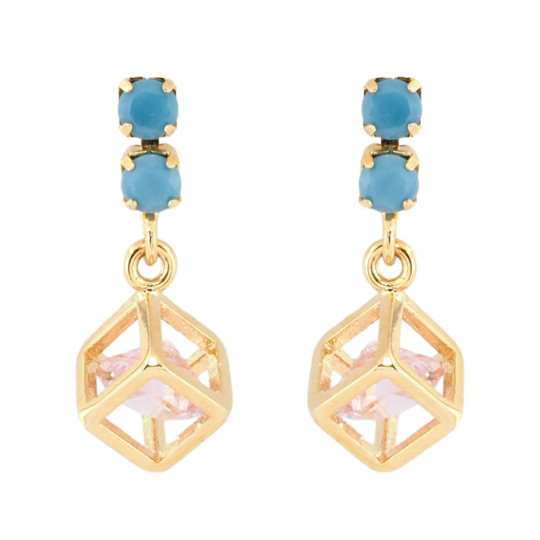 Сережки Xuping Позолота 18K пусети Мініатюрні блакитні доріжки з кубиками підвісками з рожевими кристалами фото №1