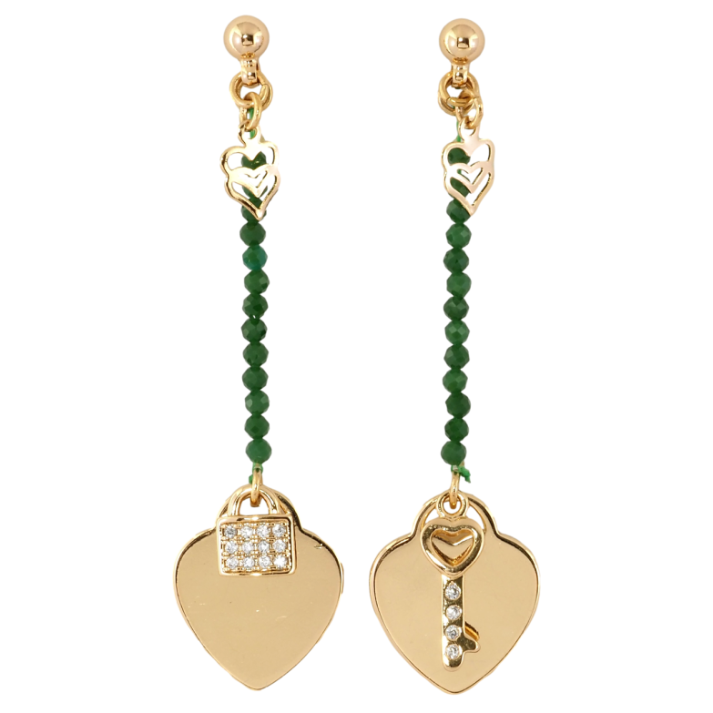 Сережки Xuping Позолота 18K пусети Сердечки із замочком та ключиком на мотузці із зеленими намистинами фото №1 Сережки Xuping Позолота 18K пусети Сердечки із замочком та ключиком на мотузці із зеленими намистинами фото №1
