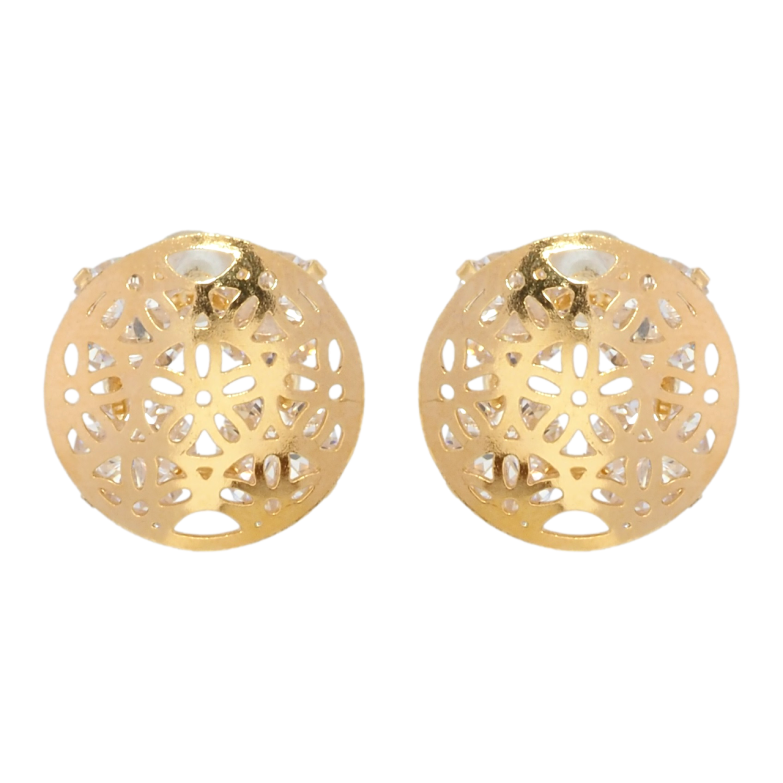 Серьги Xuping Позолота 18K пусеты Четыре кристалла с круглой резной накладкой ø 13мм фото №1 Серьги Xuping Позолота 18K пусеты Четыре кристалла с круглой резной накладкой ø 13мм фото №1
