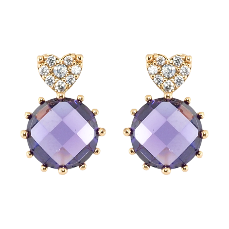 Серьги Xuping Позолота 18K пусеты Сиреневые кристаллы с сердечками фото №1