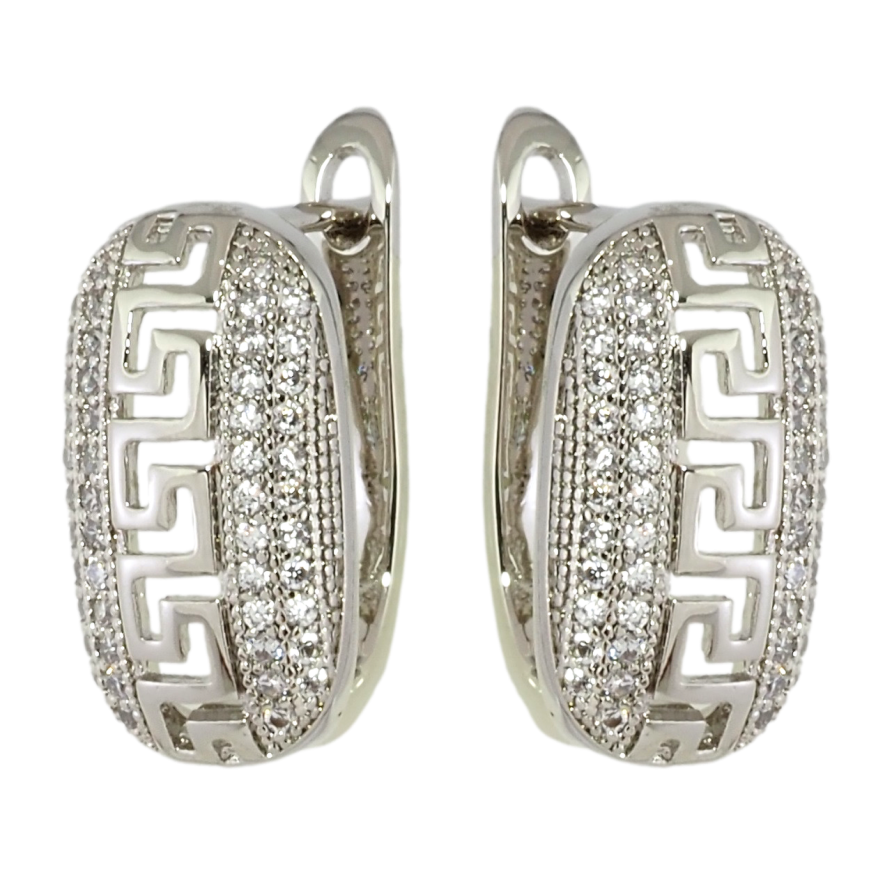 Серьги Xuping Родий английский замок Овалы с цирконием и меандровым узором фото №1