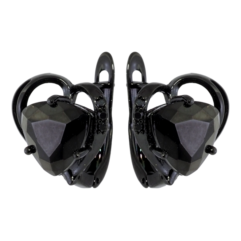 Сережки Xuping Позолота Black (чорне золото) англійський замок Серця з чорними кристалами фото №1