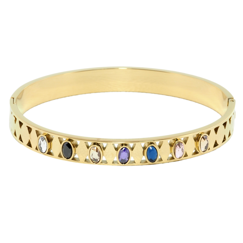 Браслет Xuping ТТМ Stainless Steel цвет 14K Узор с цветными кристаллами ø 6см фото №1 Браслет Xuping ТТМ Stainless Steel цвет 14K Узор с цветными кристаллами ø 6см фото №1