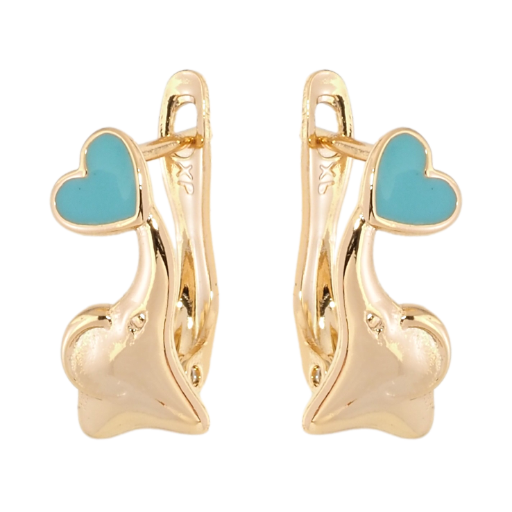 Серьги детские Xuping Позолота 18K английский замок Слоники с бирюзовыми сердечками фото №4
