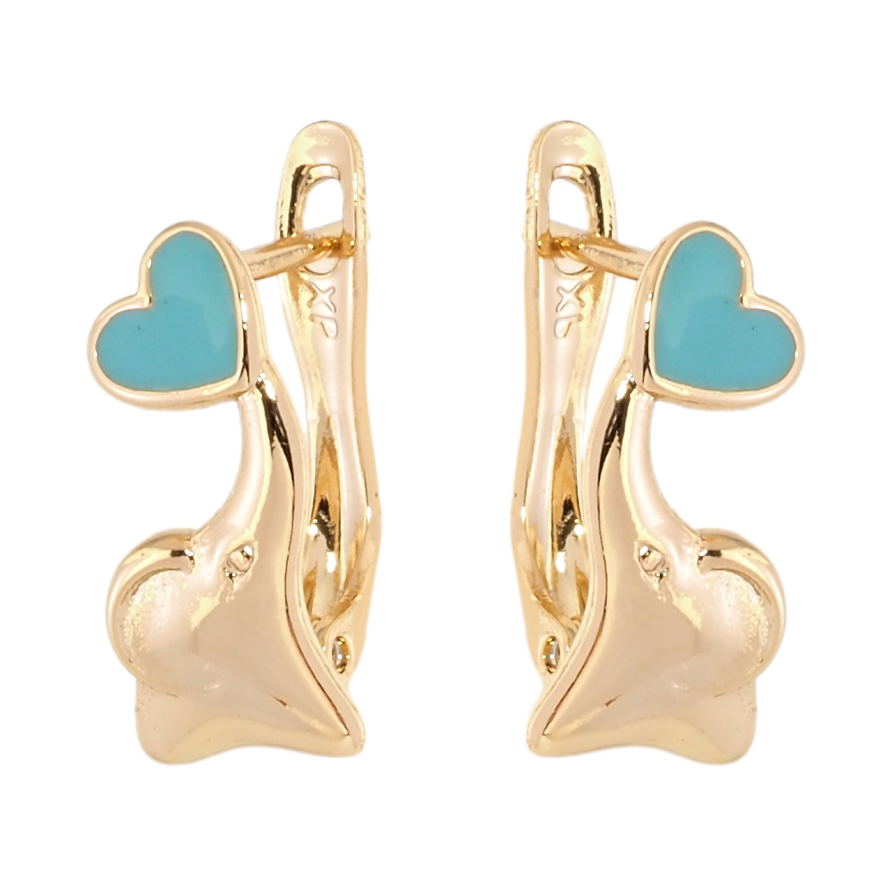 Серьги детские Xuping Позолота 18K английский замок Слоники с бирюзовыми сердечками фото №1