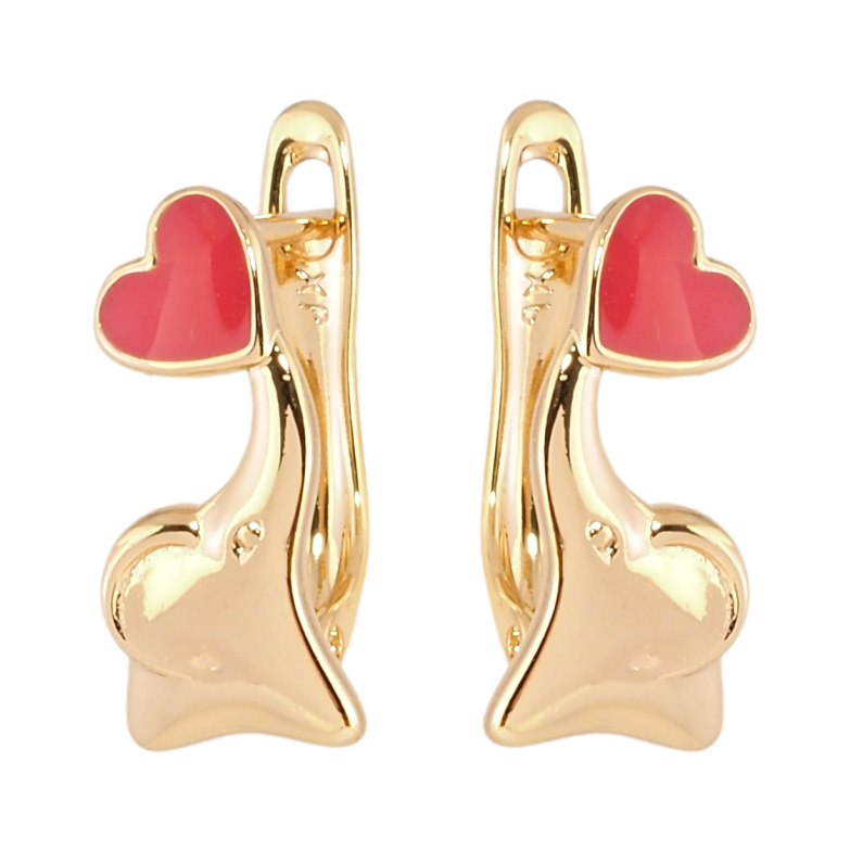 Серьги детские Xuping Позолота 18K английский замок Слоники с коралловыми сердечками фото №1