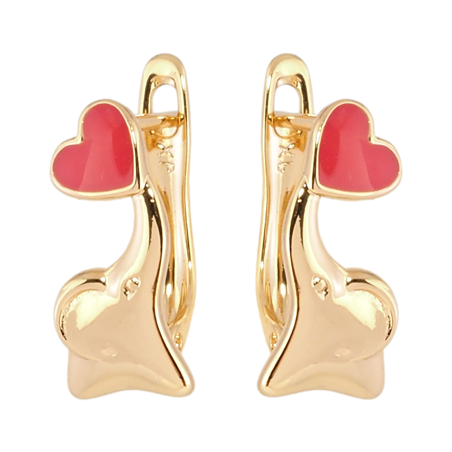 Серьги детские Xuping Позолота 18K английский замок Слоники с коралловыми сердечками фото №1