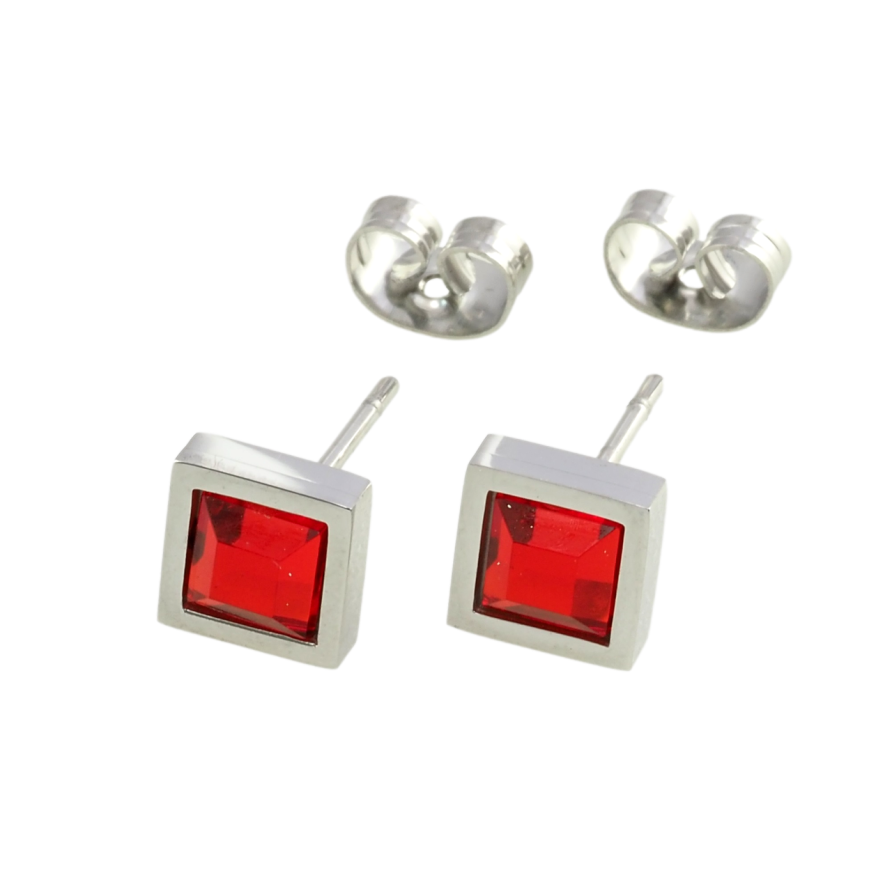 Сережки Xuping TTM Stainless Steel колір Родій пусети Червоні фіаніти 7х7мм фото №1
