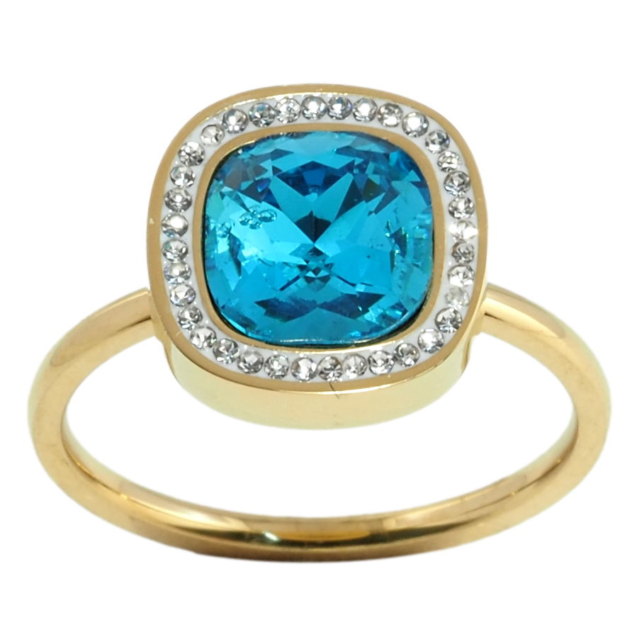 Каблучка Xuping TTM Stainless Steel колір 14К Блакитний фіаніт в обрамленні цирконію, 12х12мм фото №1