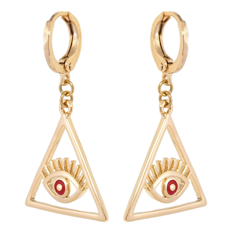 Сережки Xuping Позолота 18K підвіски на колечках Всевидюче око з червоною емаллю фото №1