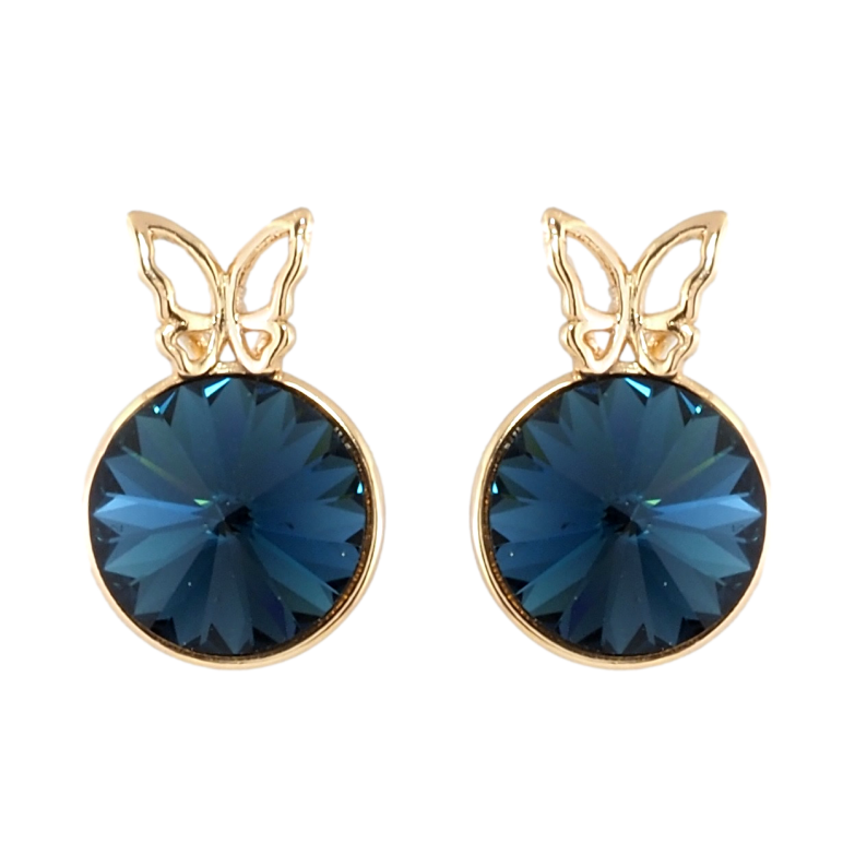 Сережки Xuping колір 18K з кристалами Swarovski пусети Синій кристал конусний в оправі з метеликом ø 9мм фото №1