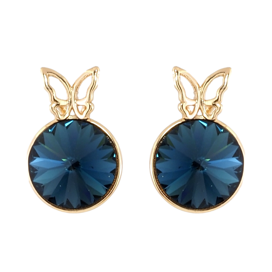 Сережки Xuping колір 18K з кристалами Swarovski пусети Синій кристал конусний в оправі з метеликом ø 9мм фото №1