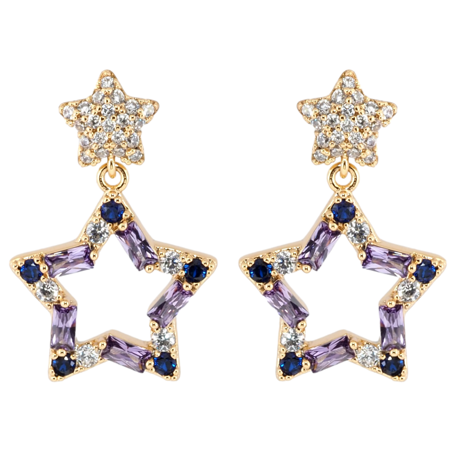 Сережки Xuping Позолота 18K пусети Підвіски зірочки з цирконієм і бузковими фіанітами фото №1 Сережки Xuping Позолота 18K пусети Підвіски зірочки з цирконієм і бузковими фіанітами фото №1