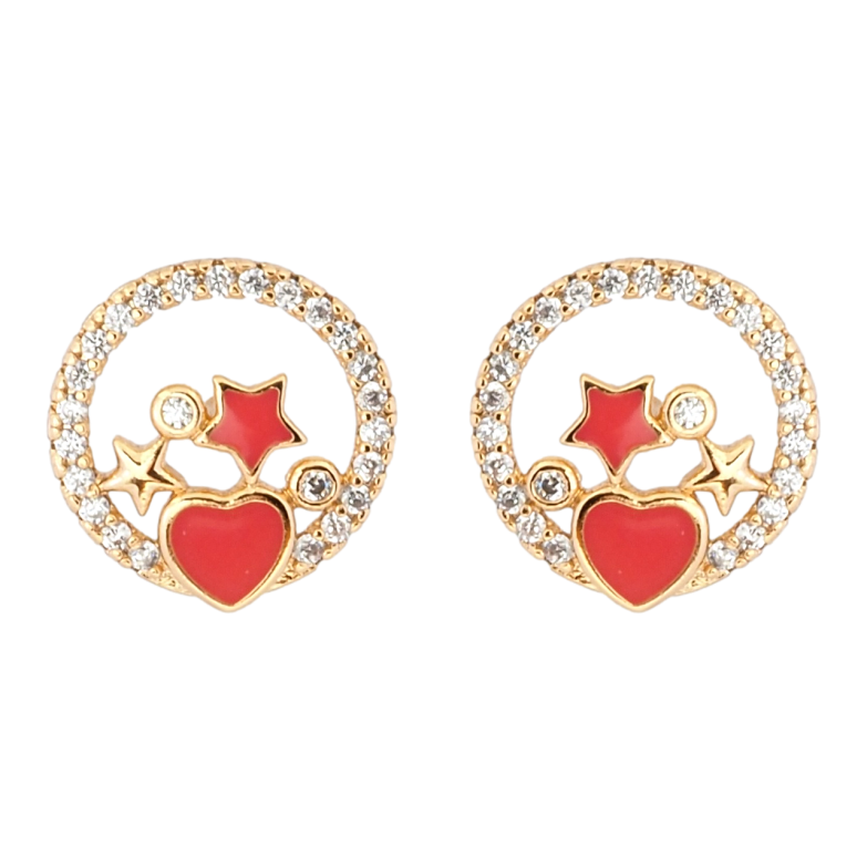 Серьги Xuping Позолота 18K пусеты Красные звездочки и сердечко в колечке циркония фото №1 Серьги Xuping Позолота 18K пусеты Красные звездочки и сердечко в колечке циркония фото №1