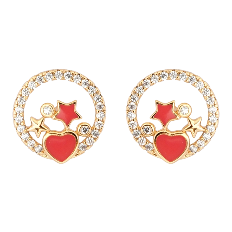 Серьги Xuping Позолота 18K пусеты Красные звездочки и сердечко в колечке циркония фото №1 Серьги Xuping Позолота 18K пусеты Красные звездочки и сердечко в колечке циркония фото №1