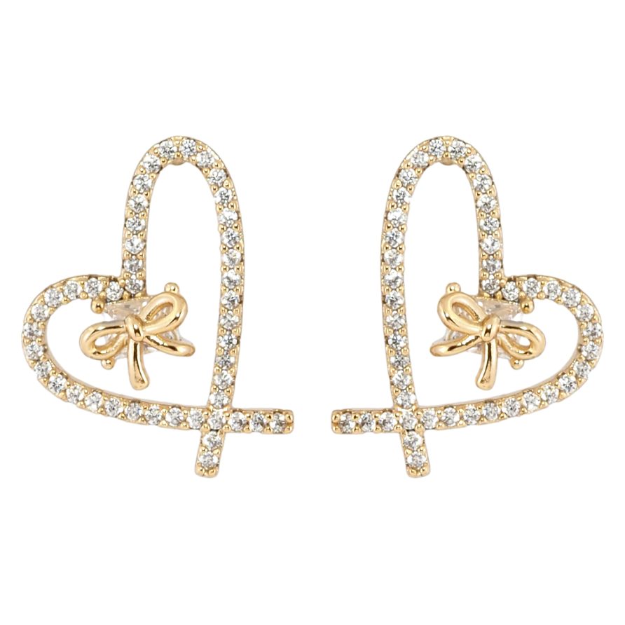 Сережки Xuping Позолота 18K пусети Серця з бантами фото №1 Сережки Xuping Позолота 18K пусети Серця з бантами фото №1