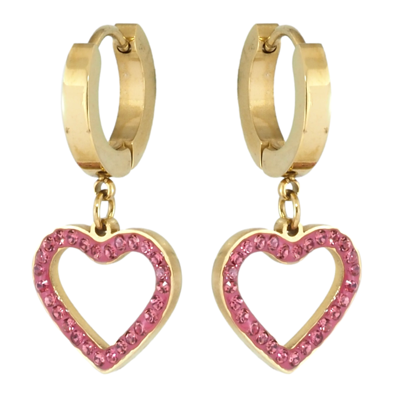 Серьги Xuping TTM Stainless Steel цвет 14K подвески на колечках Сердечки с розовым цирконием фото №1