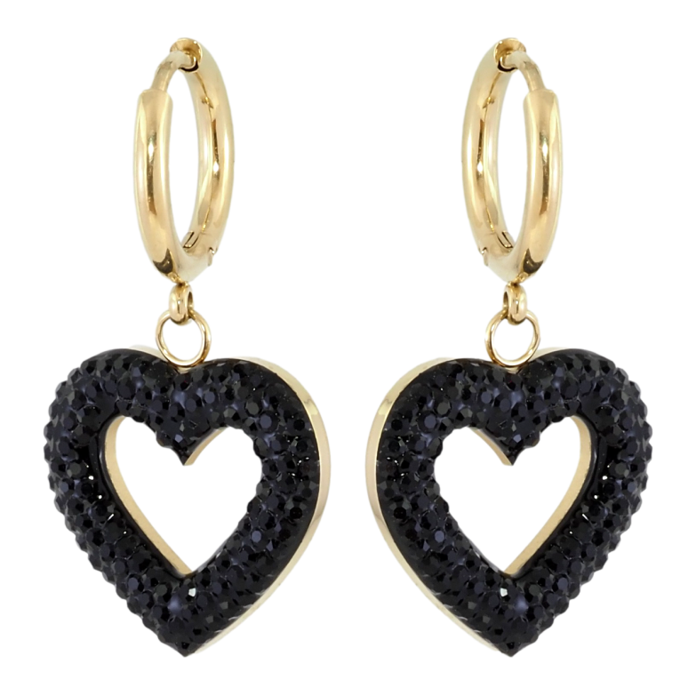 Серьги Xuping TTM Stainless Steel цвет 14K подвески на колечках Сердечки с черным цирконием фото №1