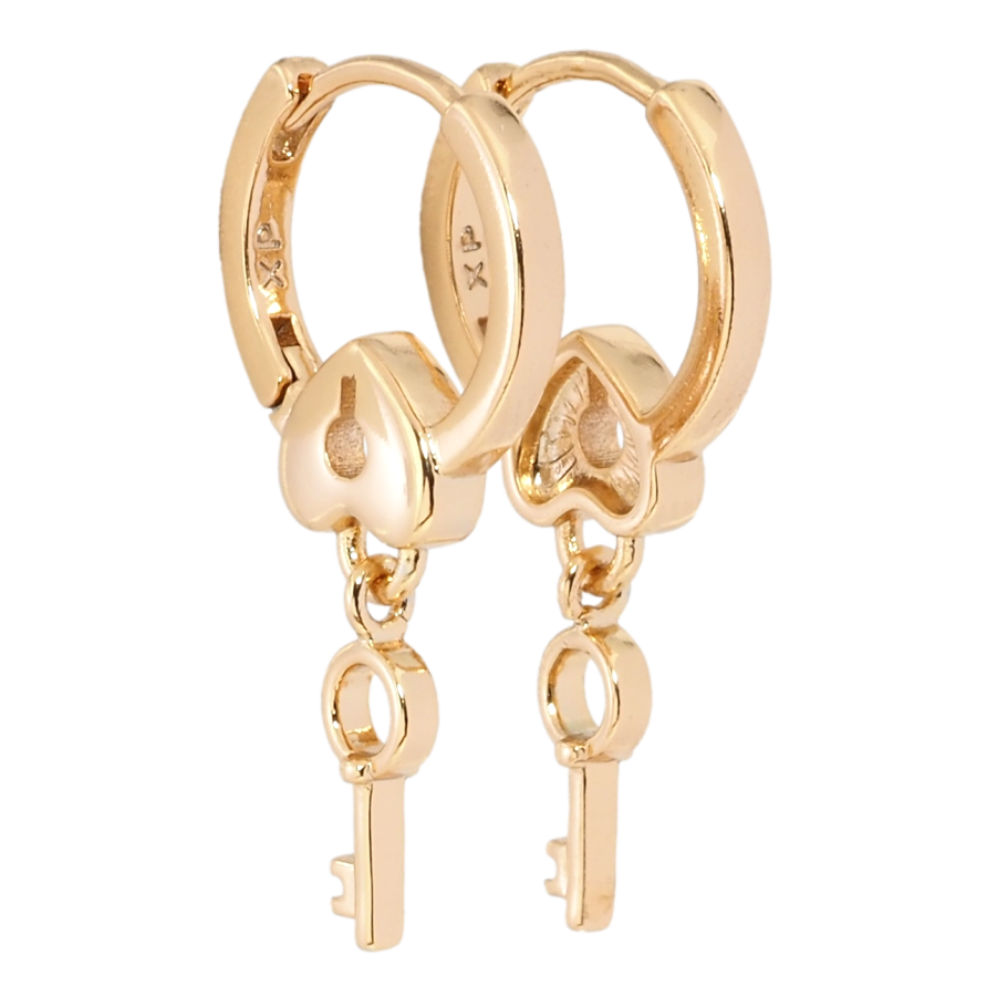 Серьги Xuping Позолота 18K подвески на колечках Сердечко-замочек с подвеской ключик фото №1