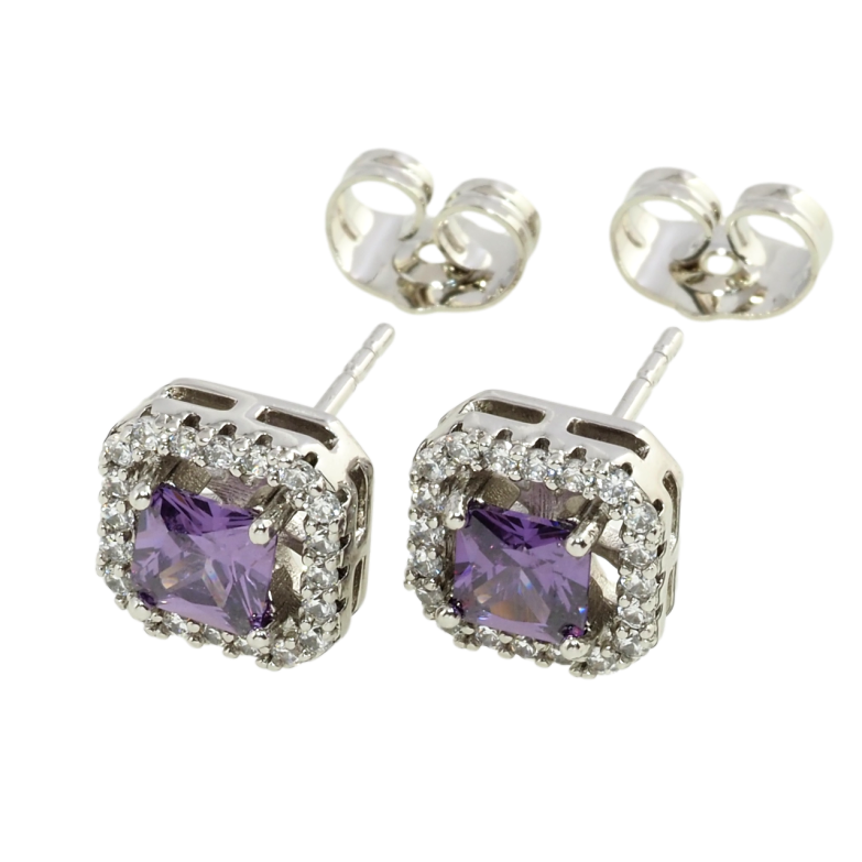 Серьги Xuping Родий пусеты Сиреневые фианиты в обрамлении циркония 9х9мм фото №1