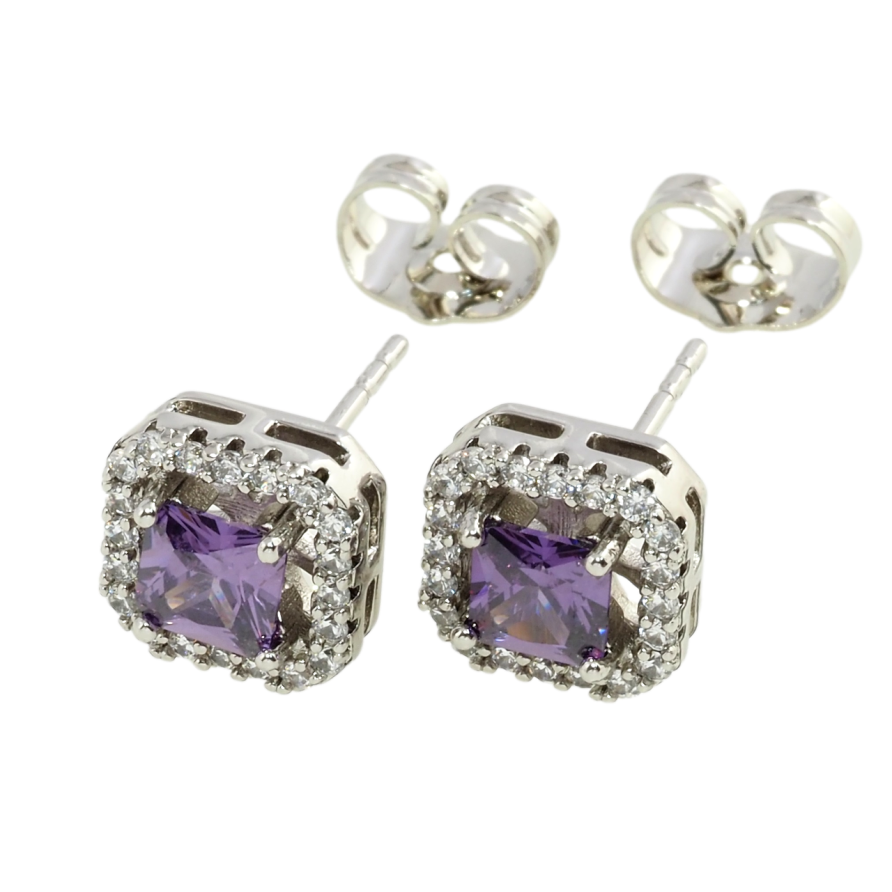 Сережки Xuping Родій пусети Бузкові фіаніти в обрамленні цирконію 9х9мм фото №1