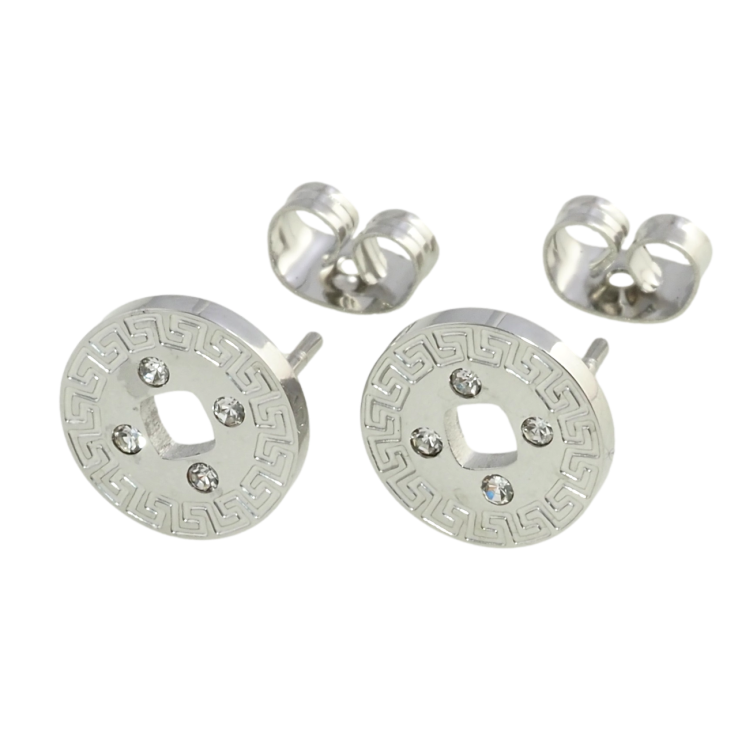 Серьги Xuping TTM Stainless Steel цвет Родий пусеты Колечки с греческим узором и вставками циркония ø 10мм фото №16