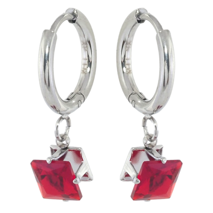 Серьги Xuping TTM Stainless Steel цвет Родий подвески на колечках Красные кристаллы 6х6мм фото №2