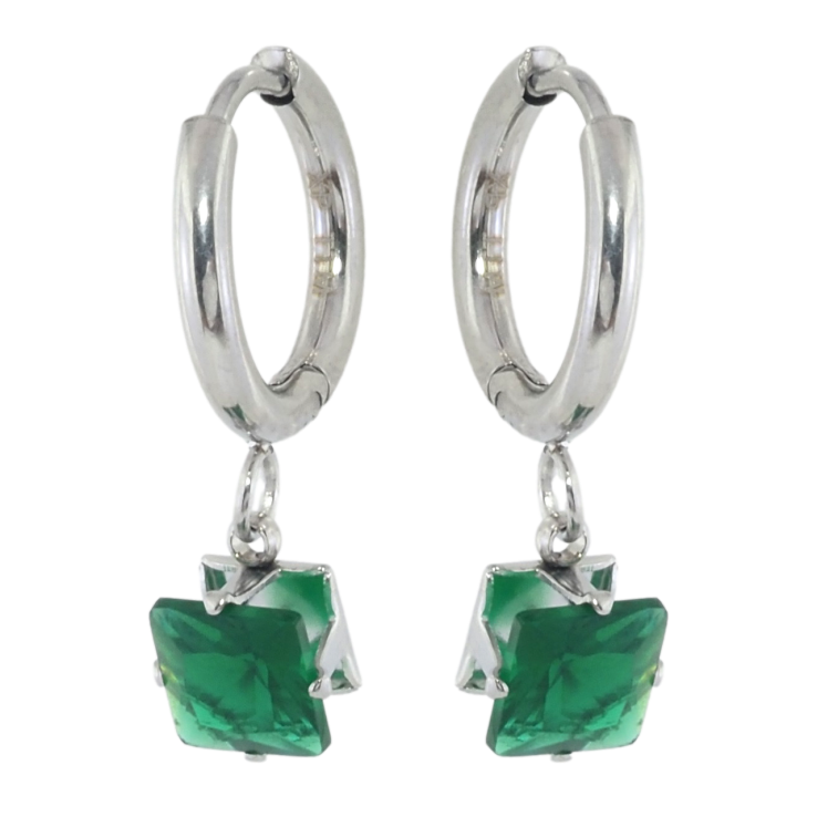 Серьги Xuping TTM Stainless Steel цвет Родий подвески на колечках Зеленые кристаллы 6х6мм фото №3