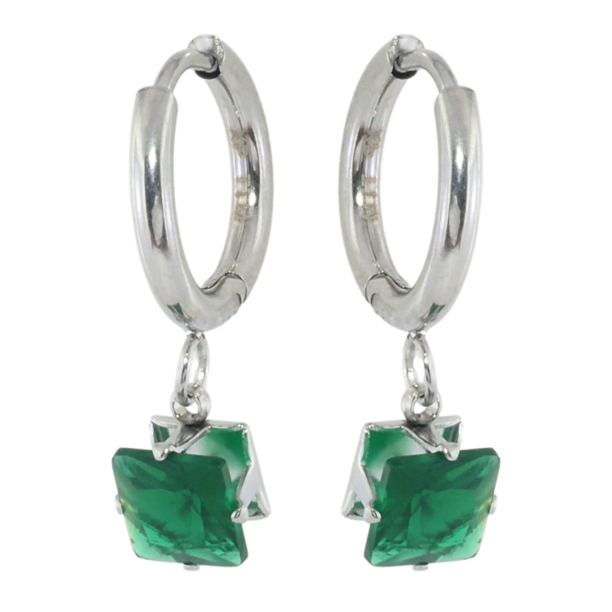 Серьги Xuping TTM Stainless Steel цвет Родий подвески на колечках Зеленые кристаллы 6х6мм фото №1