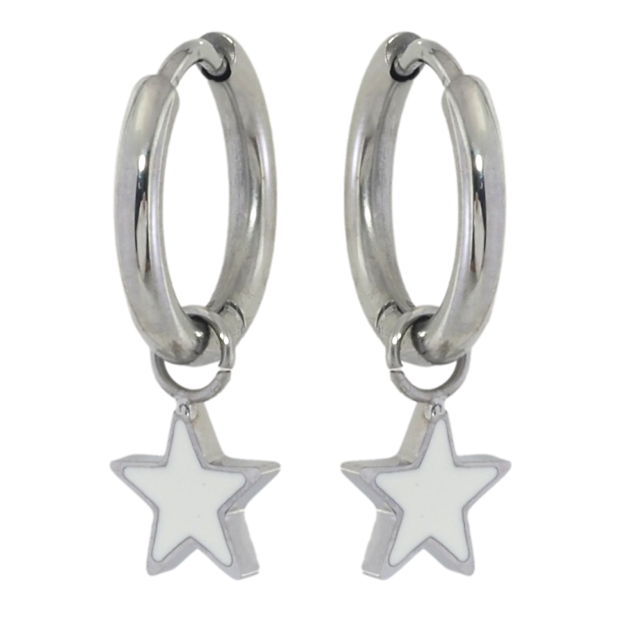 Сережки Xuping TTM Stainless Steel колір Родій підвіски на колечках Зірочки з білою емаллю 2 в 1 фото №1