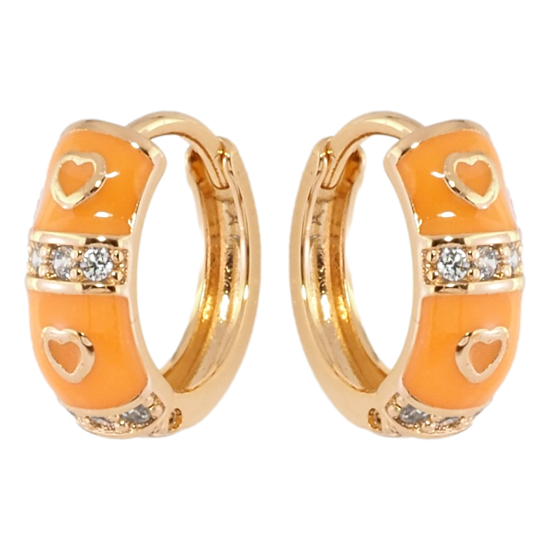 Серьги Xuping Позолота 18K колечки Узор сердечки с оранжевой эмалью и цирконием фото №1 Серьги Xuping Позолота 18K колечки Узор сердечки с оранжевой эмалью и цирконием фото №1