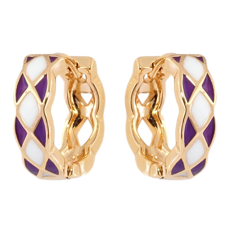 Серьги Xuping Позолота 18K колечки Узор с бело-сиреневой эмалью фото №1 Серьги Xuping Позолота 18K колечки Узор с бело-сиреневой эмалью фото №1