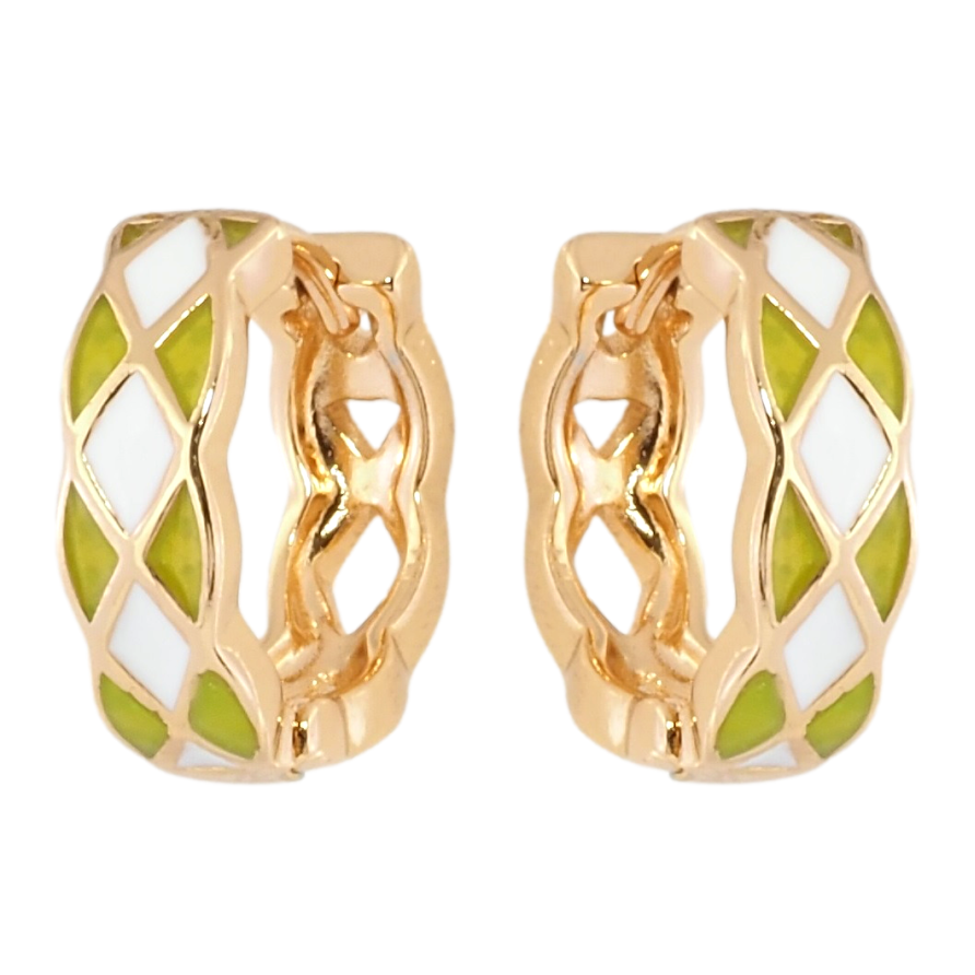 Серьги Xuping Позолота 18K колечки Узор с бело-салатовой эмалью фото №1 Серьги Xuping Позолота 18K колечки Узор с бело-салатовой эмалью фото №1
