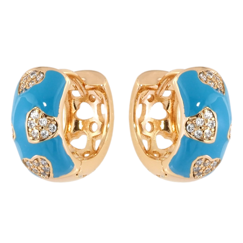 Серьги Xuping Позолота 18K колечки Узор сердечки с цирконием на голубой эмали фото №2 Серьги Xuping Позолота 18K колечки Узор сердечки с цирконием на голубой эмали фото №2