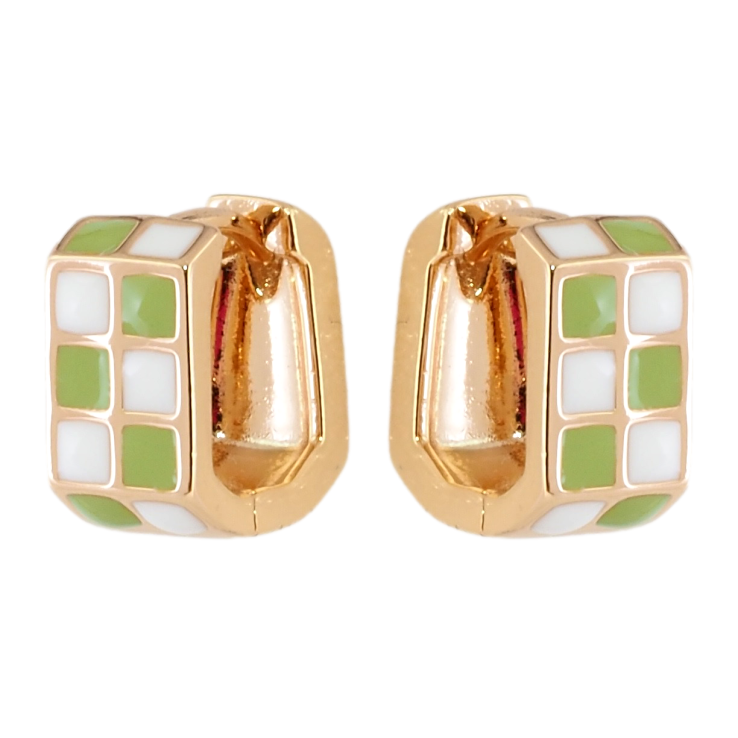 Сережки Xuping Позолота 18K колечка Шаховий візерунок біло-салатовою емаллю фото №2 Сережки Xuping Позолота 18K колечка Шаховий візерунок біло-салатовою емаллю фото №2