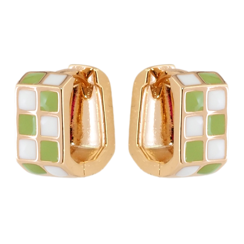 Серьги Xuping Позолота 18K колечки Шахматный узор бело-салатовой эмалью фото №1 Серьги Xuping Позолота 18K колечки Шахматный узор бело-салатовой эмалью фото №1